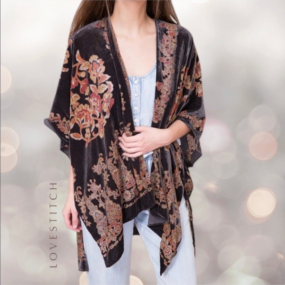 Lovestitch Kimono Women Floral Burnout Velvet Open Front Gray Coral OS I-11604W